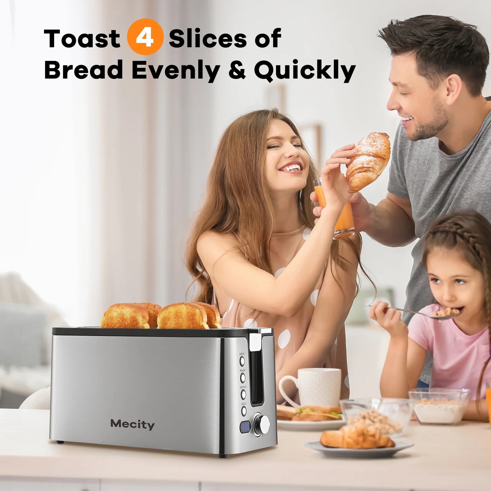 4-Slice Stainless Steel Toaster with Digital Countdown Timer & Warming Rack, 1300W, Silver