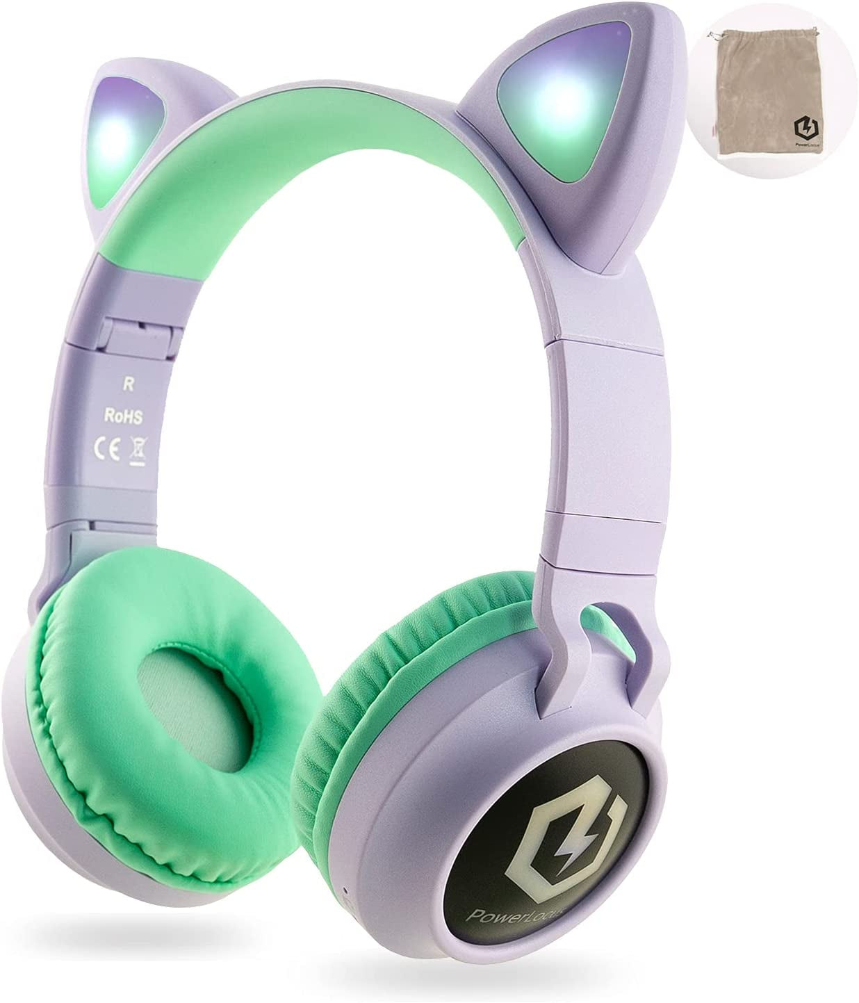 Kids Cat Ear Headphones, Bluetooth 5.3 Wireless, LED Lights, Safe Volume Limit, Micro SD/TF, for Ipad, Tablet, Travel (Purple/Teal)