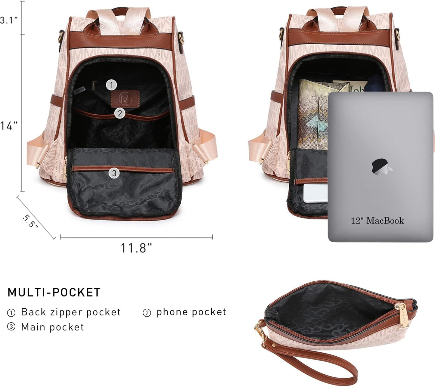 Women Fashion Backpack Purse Multi Pockets Anti-Theft Rucksack Travel Shoulder Bag Handbag Set 2Pcs