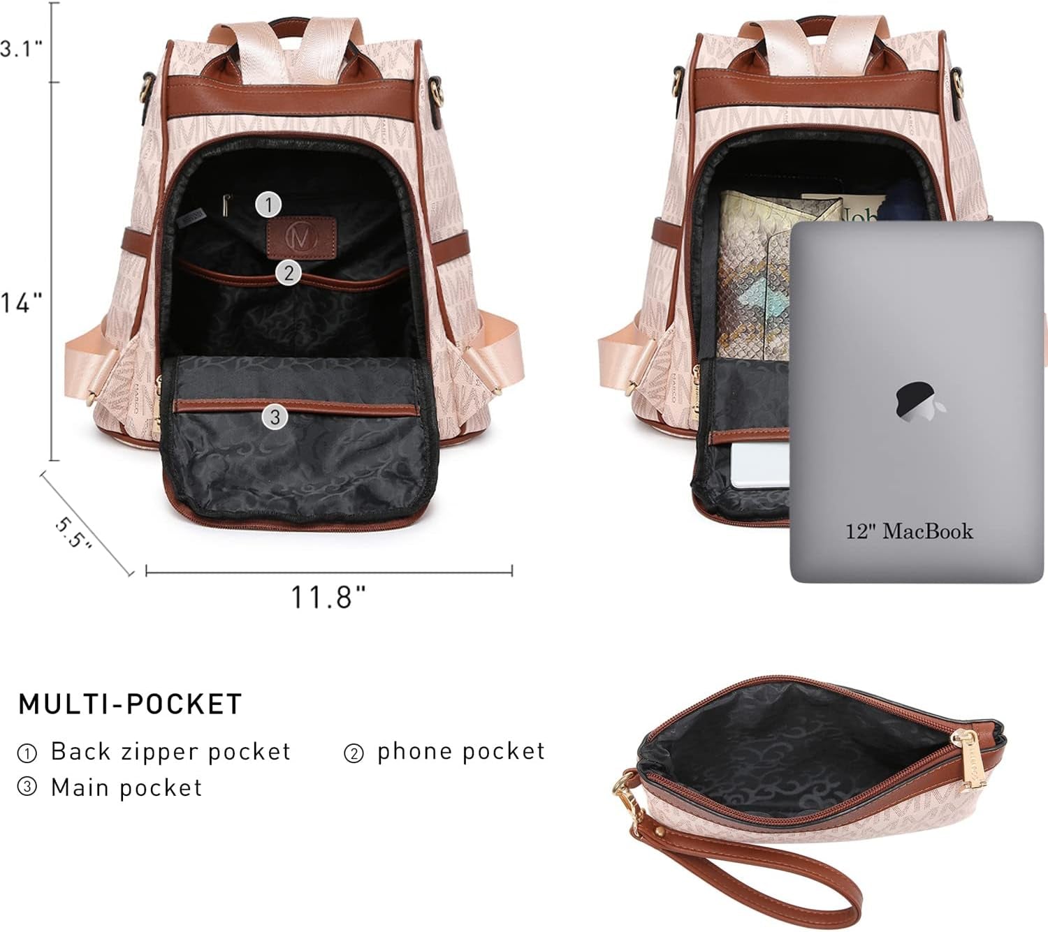 Women Fashion Backpack Purse Multi Pockets Anti-Theft Rucksack Travel Shoulder Bag Handbag Set 2Pcs