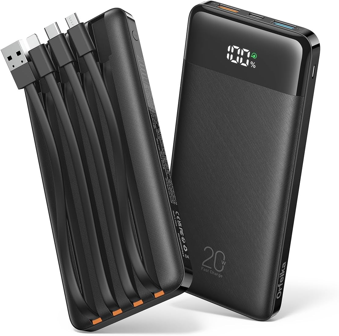 20000Mah Power Bank, Portable Charger with 4 Built-In Cables