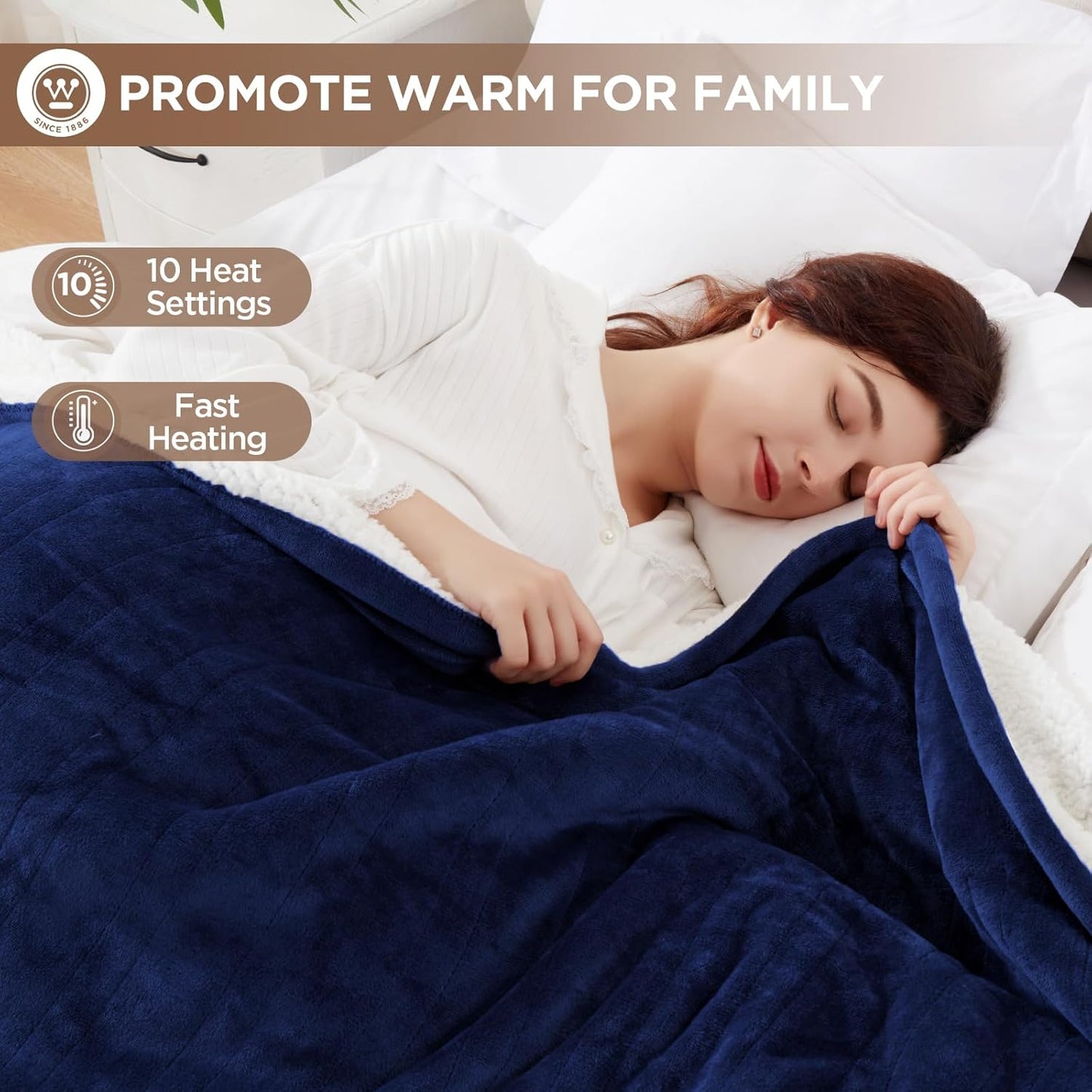 Electric Blanket Heated Throw | 6 Heating Levels & 4 Hours Auto off | Flannel to Sherpa Reversible 50X60 | Machine Washable, Navy Blue