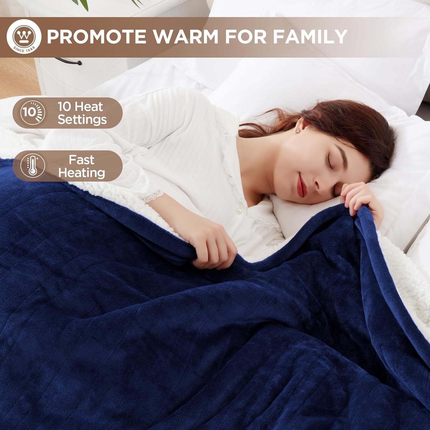 Electric Blanket Heated Throw | 6 Heating Levels & 4 Hours Auto off | Flannel to Sherpa Reversible 50X60 | Machine Washable, Navy Blue