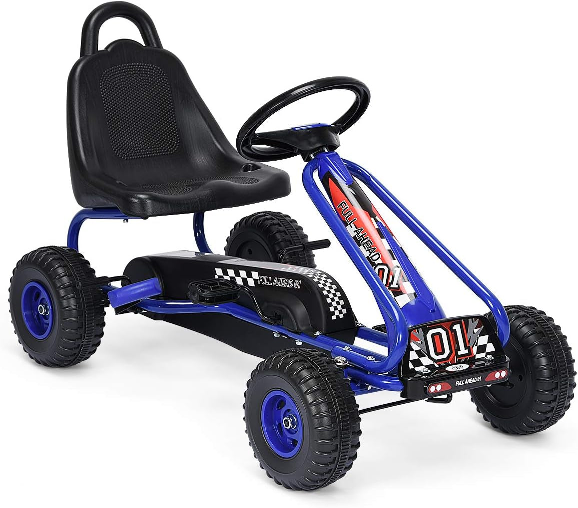 Go Kart for Kids, 4 Wheel Pedal Powered Go Cart with Steering Wheels & Adjustable Seat, Safety Hand Brake, Non-Slip Tires, Outdoor Off-Road Racer Ride on Pedal Car for Boy Girl (Blue)