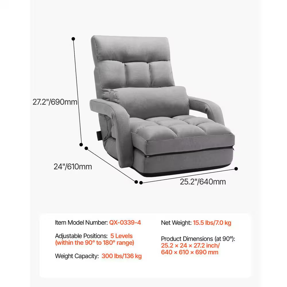 Floor Chair, Floor Gaming Chair with 5 Adjustable Position and Back Support, Folding Sofa Chair, Gray Cushion