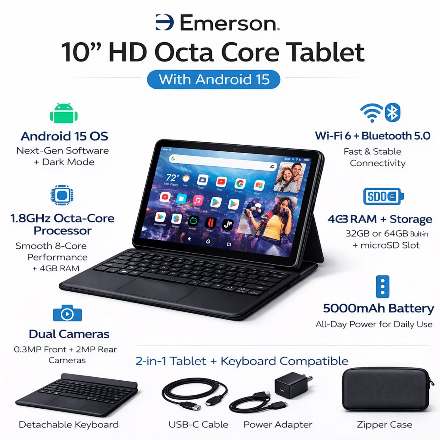 Emerson 10" HD Octa Core Tablet with Android 15 - Refurbished