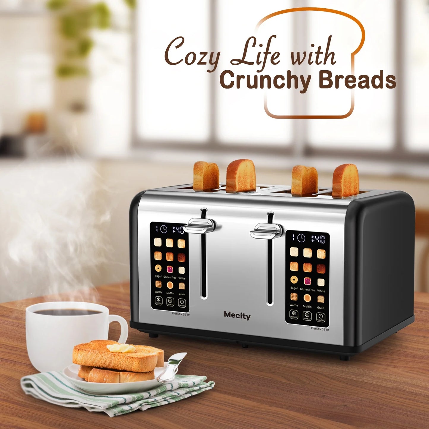 4-Slice Toaster with Touchscreen, Stainless Steel, Wide Slots, 6 Browning Settings, Digital Display, Reheat, Defrost, Crumb Tray, Matte Black