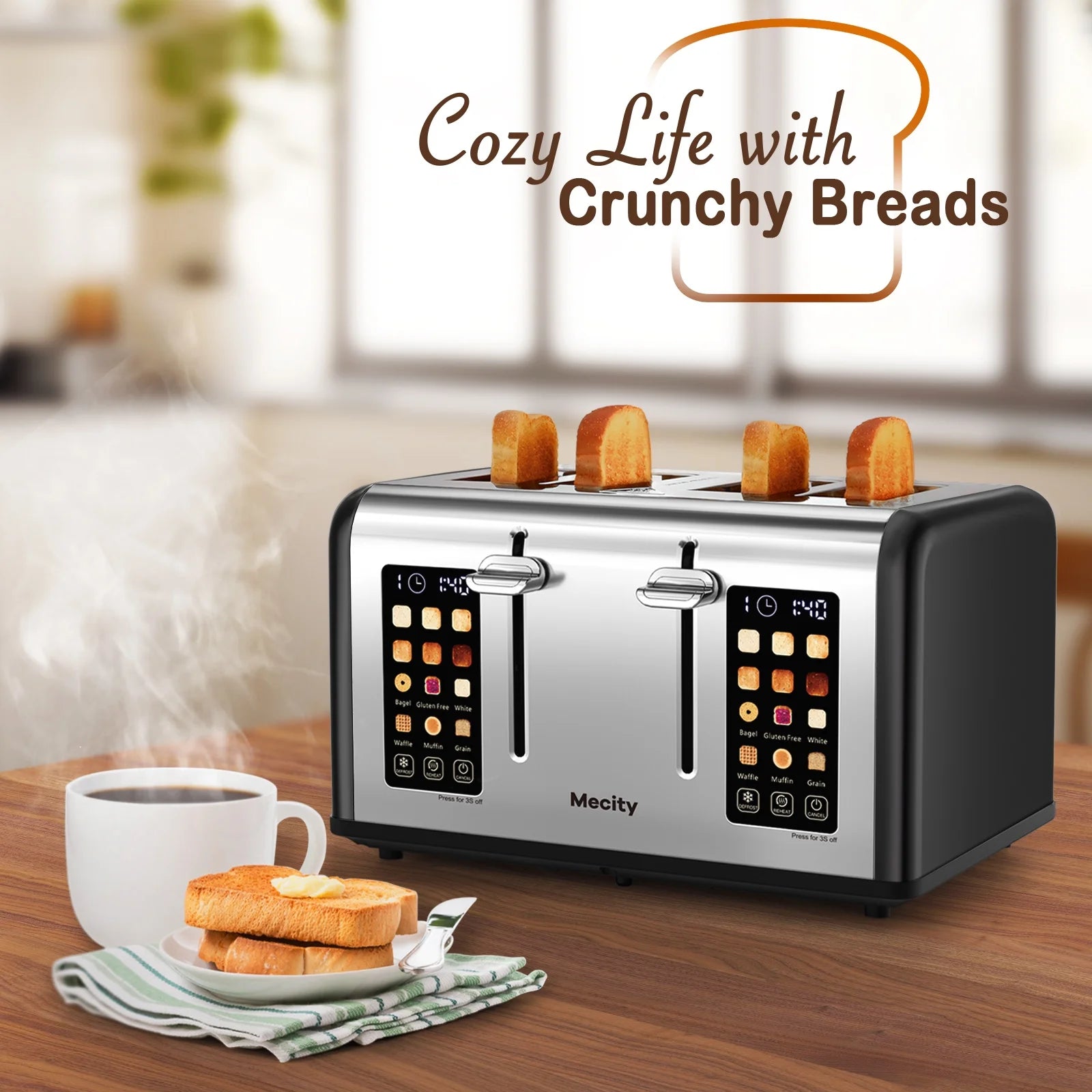 4-Slice Toaster with Touchscreen, Stainless Steel, Wide Slots, 6 Browning Settings, Digital Display, Reheat, Defrost, Crumb Tray, Matte Black