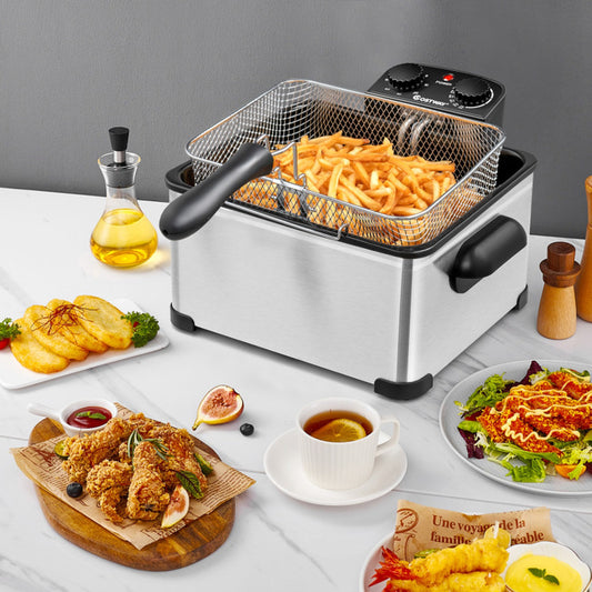 Electric Deep Fryer 5.3Qt/21-Cup Stainless Steel 1700W with Triple Basket
