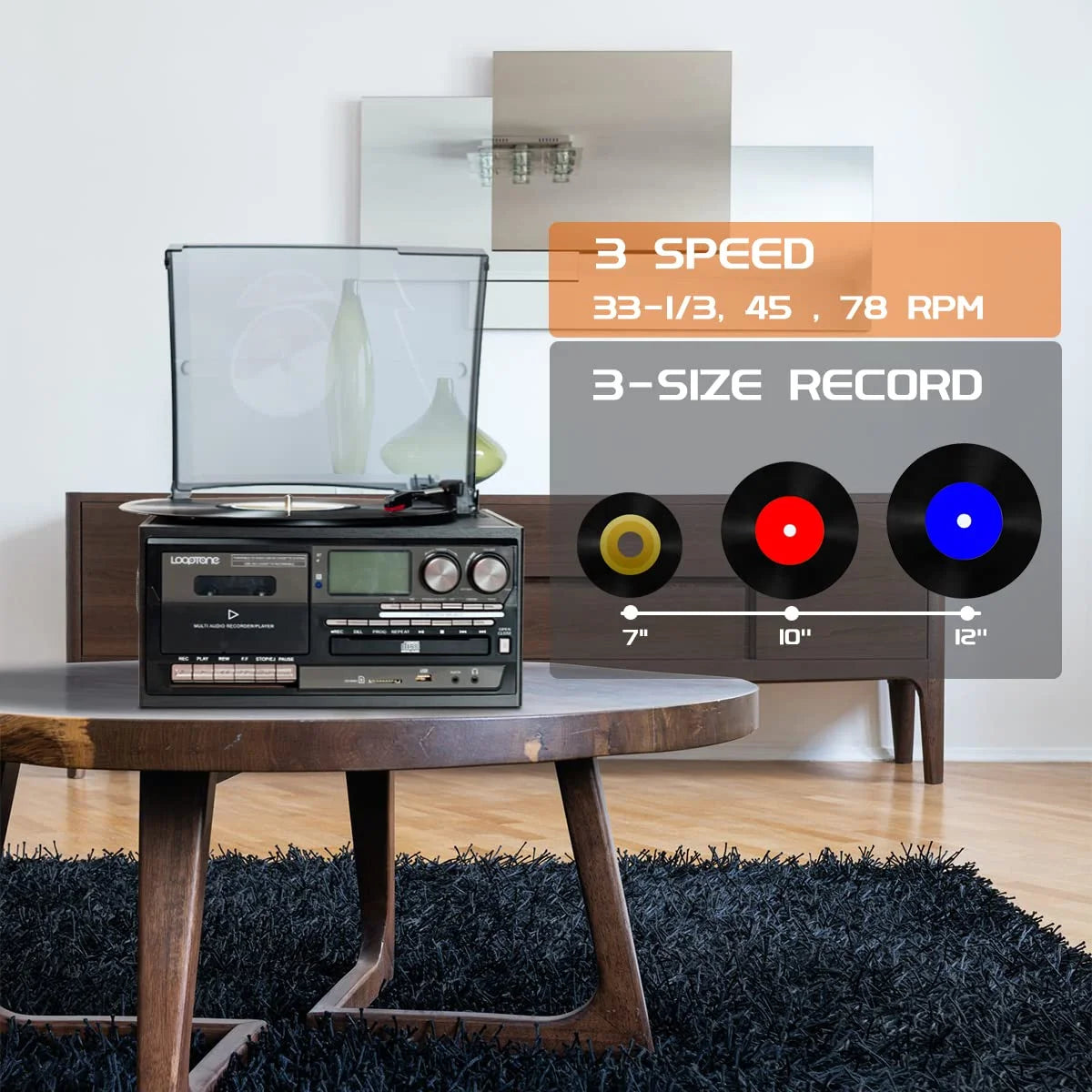 Vinyl Record Player Turntable with Bluetooth, CD, Tape, Radio, USB Recorder, Stereo Home System