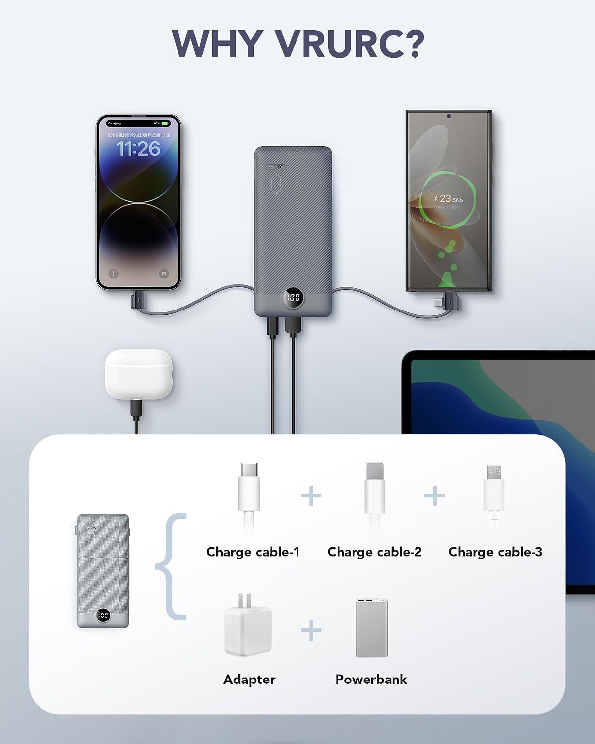 Portable Charger Built-In Cables and AC Wall Plug, USB C Power Bank 10000Mah, Travel Battery Portable Phone Charger Compact Lightweight External Battery Pack for Smart Phones, Tablets Etc-Grey