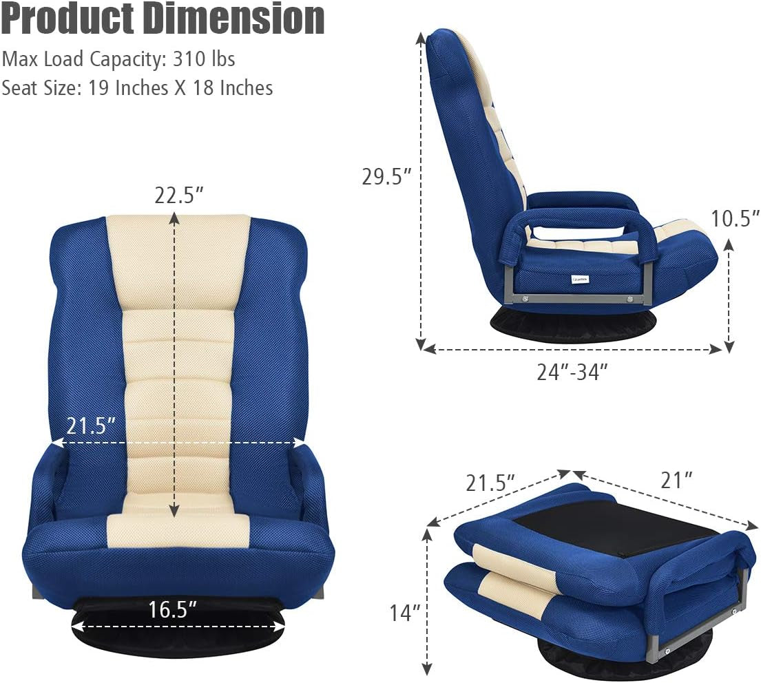 Floor Chair, 360 Degree Swivel Chair with Adjustable Backrest, Lumbar Support, Armrest, Foldable Lazy Sofa Rocker for TV, Reading, Playing Video Games, Blue/Beige