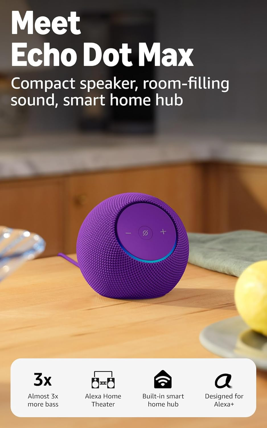 Echo Dot Max (Newest Model), Alexa Speaker with Room-Filling Sound and Nearly 3X Bass, Great for Living Rooms and Medium-Sized Spaces, Designed for Alexa+, Amethyst