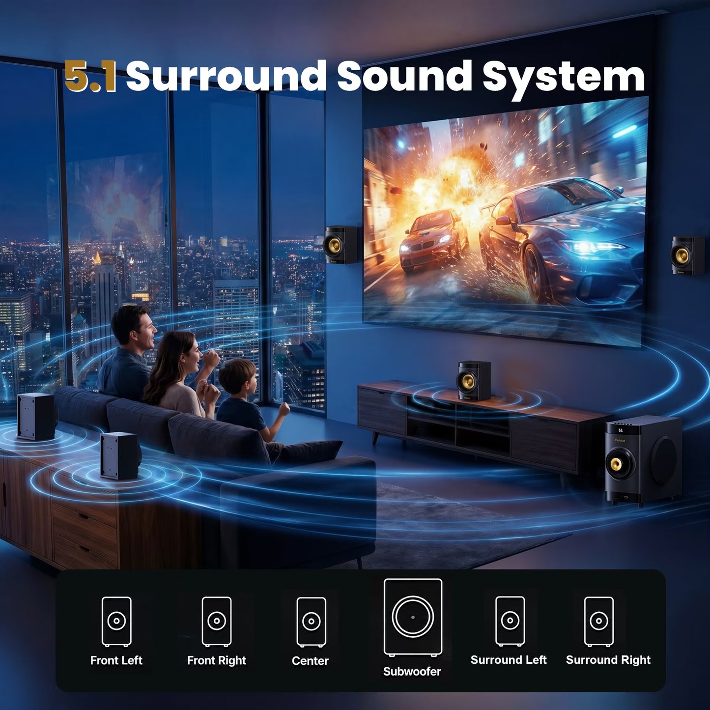 5.1 Surround Sound System,200W Bluetooth Speaker System for TV,5 Wired Speakers 4 Inch Woofer Built-In Receiver, Support ARC Optical Bluetooth Input,Home Stereo Theater Systems