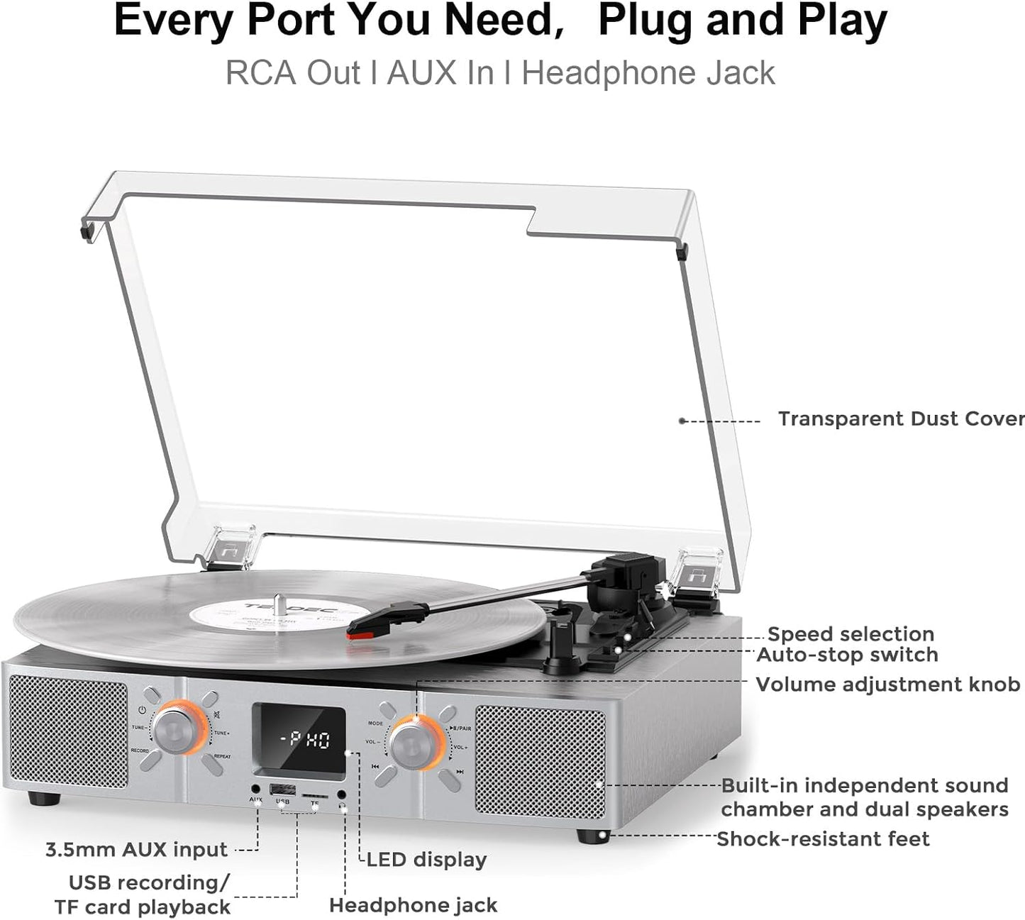 Vinylslink Vinyl Record Player with Speakers, Bluetooth Turntable, 3-Speed LP Player with Auto Stop, USB/TF Playback and Recording, FM Radio, LED Display, RCA Out, AUX In, Headphone Jack, Silver