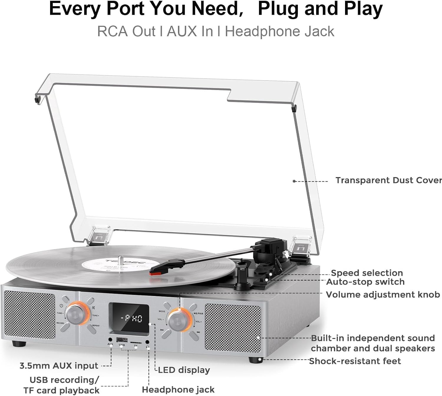 Vinylslink Vinyl Record Player with Speakers, Bluetooth Turntable, 3-Speed LP Player with Auto Stop, USB/TF Playback and Recording, FM Radio, LED Display, RCA Out, AUX In, Headphone Jack, Silver