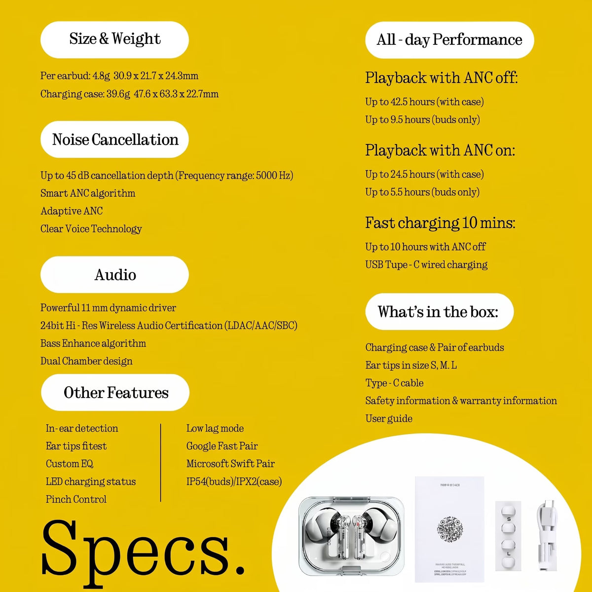 Ear (A) Wireless Earbuds, 45Db Hybrid Noise Cancelling Earbuds, Hi-Res Audio, Advanced Equaliser, Dual Connect, 6 Mics, 42.5H Playtime Ear Buds Wireless Bluetooth, White