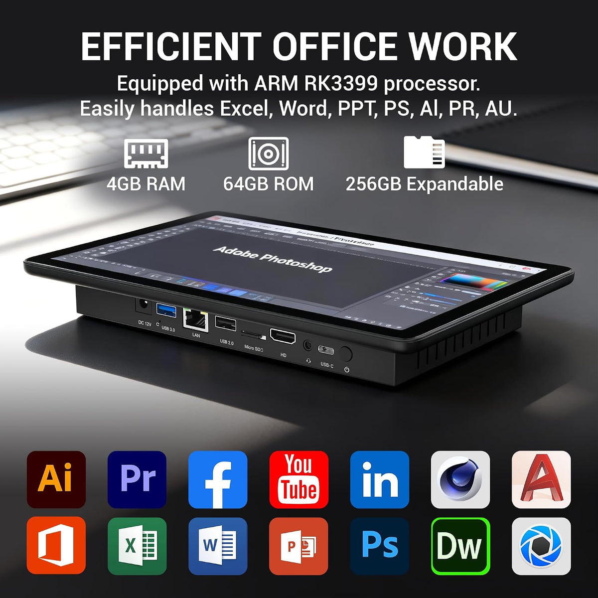 HIGOLEPC Fanless All-In-One Touchscreen Computer RK3399, Industrial Panel PC 10.1 Inch Rugged Android 12, 4GB RAM, 64GB ROM, 1280 * 800 IPS