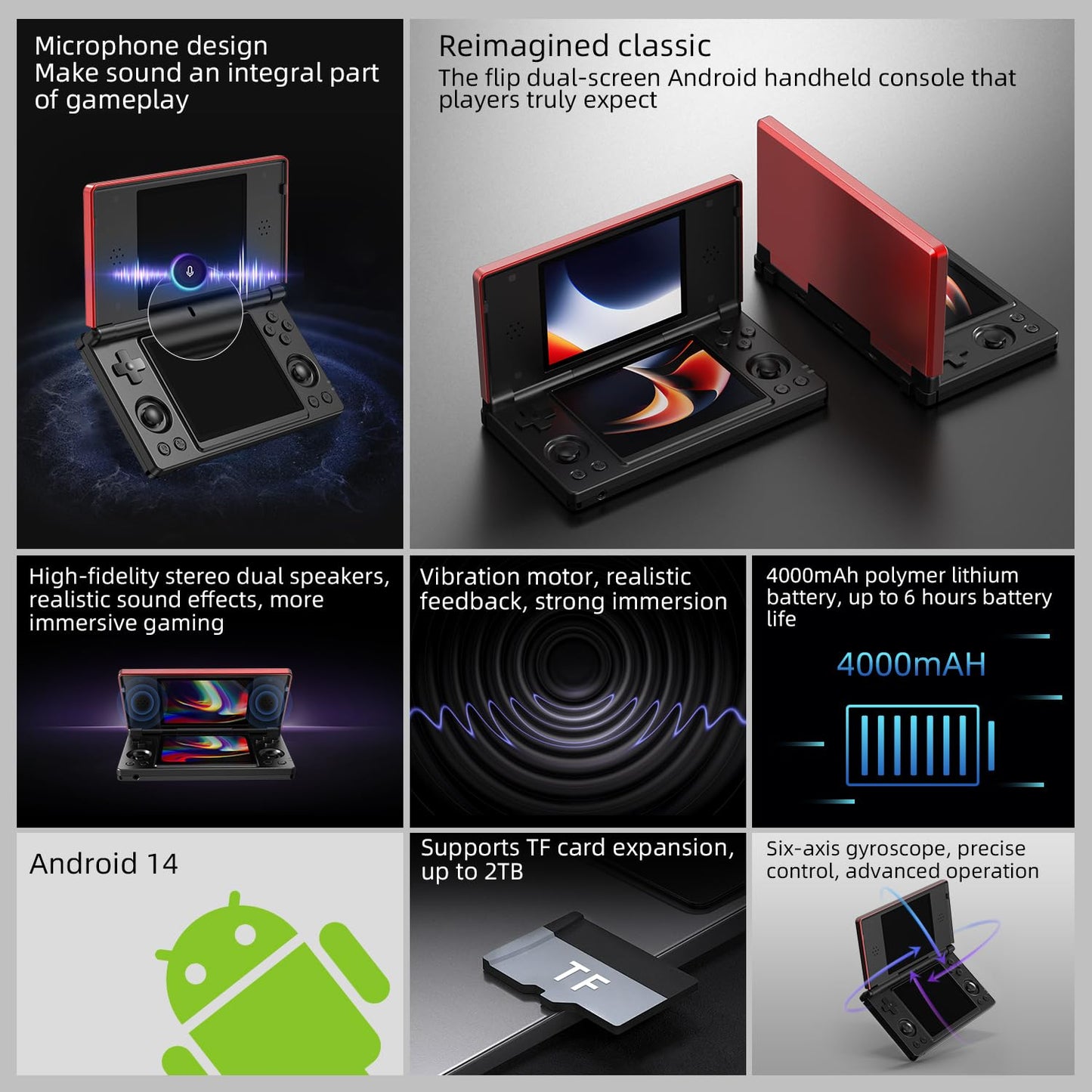 Anbernic RG DS Handheld Game Consoles RG DS Retro Gaming Console Dual-Screen Video Game Console 3+32GB Android 14 Portable Pocket Arcade 4000Mah Battery Wifi Bluetooth HD Output Black