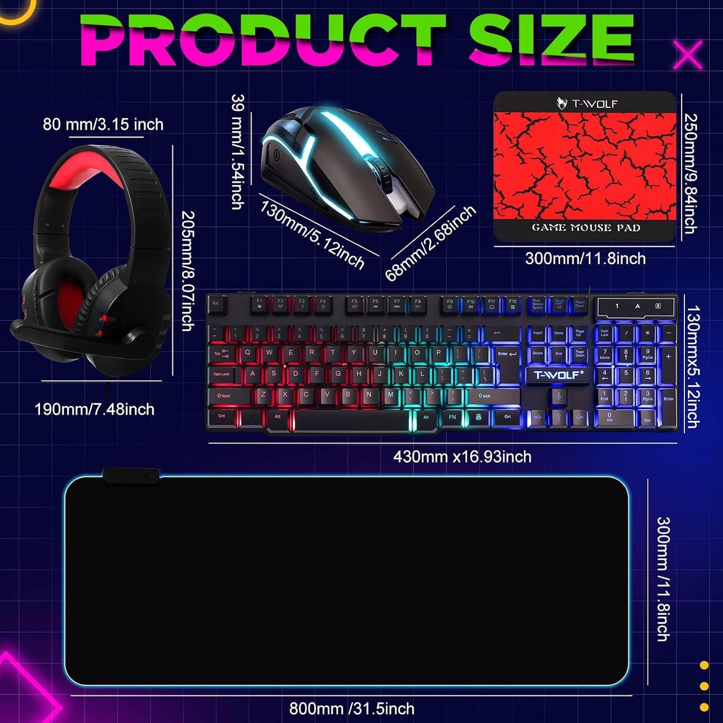 6 in 1 Gaming Accessories Bundle Includes Keyboard, Mouse, Mouse Pad, Headset, LED XL Mouse Pad, Luminous Headphone Stand Backlight PC Gaming Set for PC Beginner Gamer Gift Favors