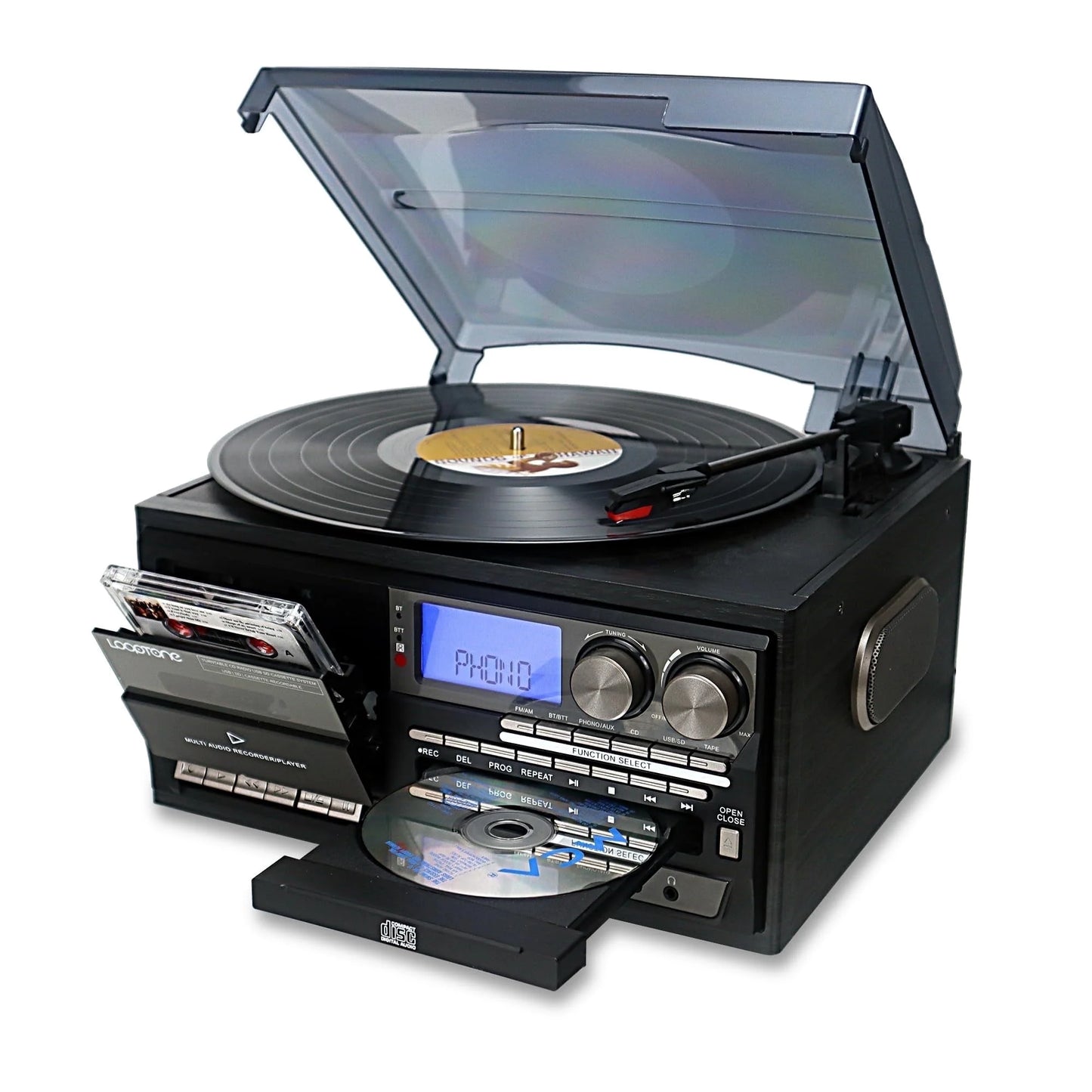 Vinyl Record Player Turntable with Bluetooth, CD, Tape, Radio, USB Recorder, Stereo Home System