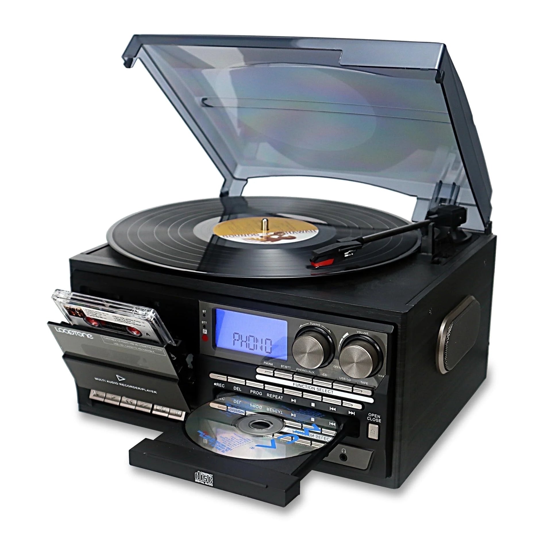 Vinyl Record Player Turntable with Bluetooth, CD, Tape, Radio, USB Recorder, Stereo Home System
