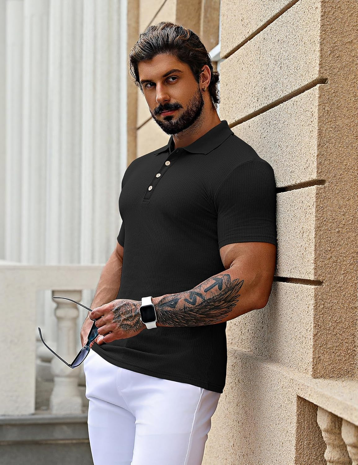 Men'S Muscle T Shirts Stretch Short Sleeve Workout Tee Casual Slim Fit Polo Shirt