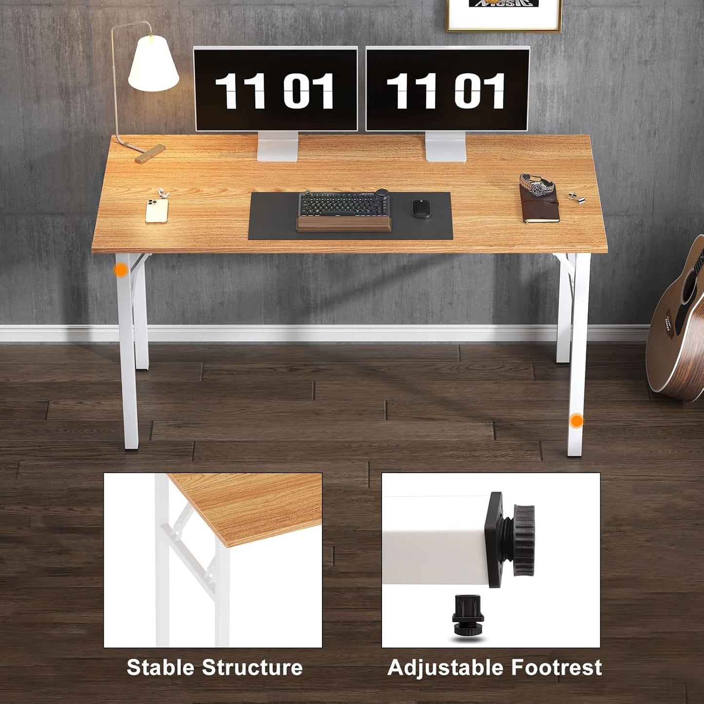 Computer Desk Office Desk 62 Inches Folding Table with BIFMA Certification Conference Table Workstation,Teak White