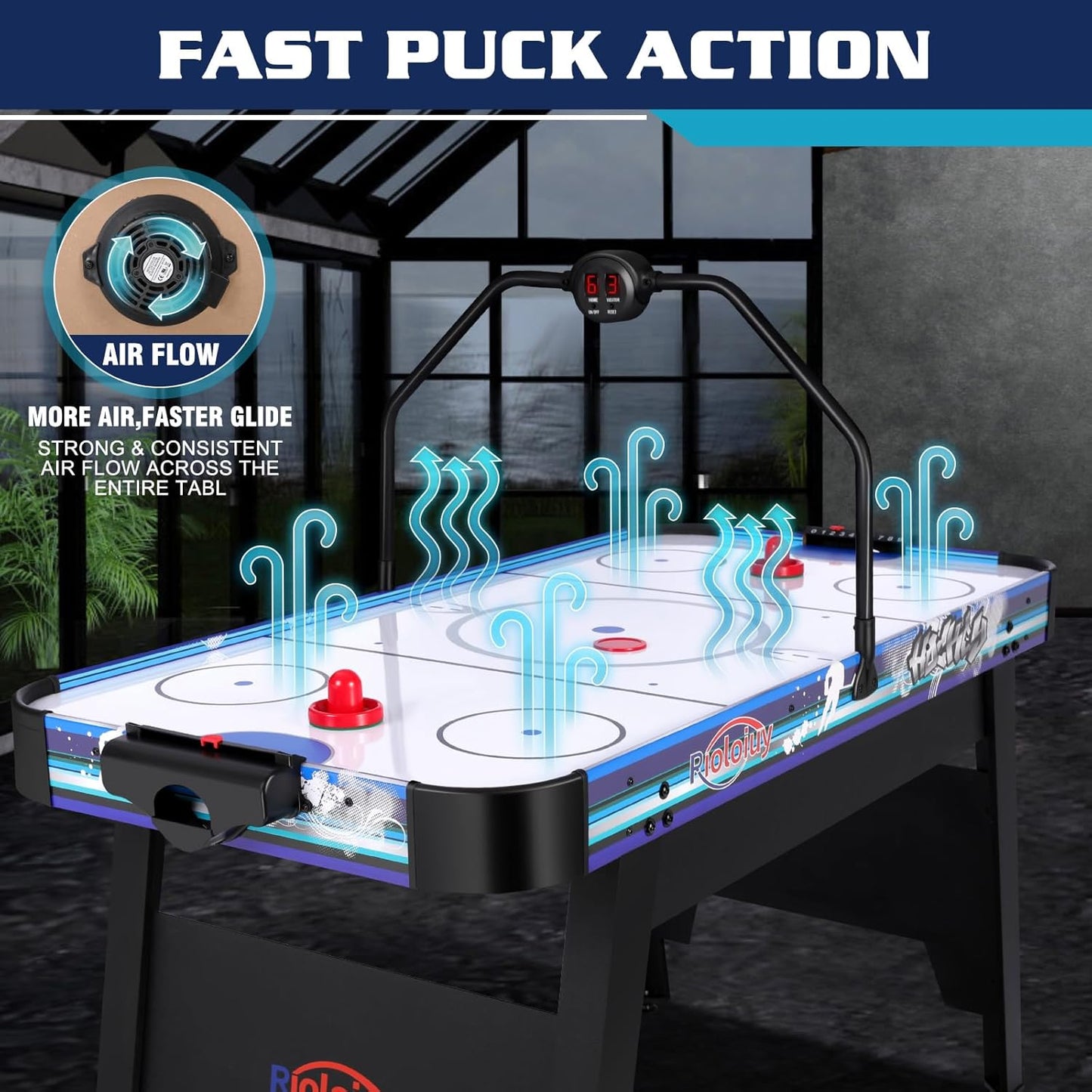 58" Air Hockey Table, Arcade Style with Powerful 700Ma Motor, Accurate Digital LED Scoreboard on Overhead Gantry, Includes 2 Pucks and 2 Pushers
