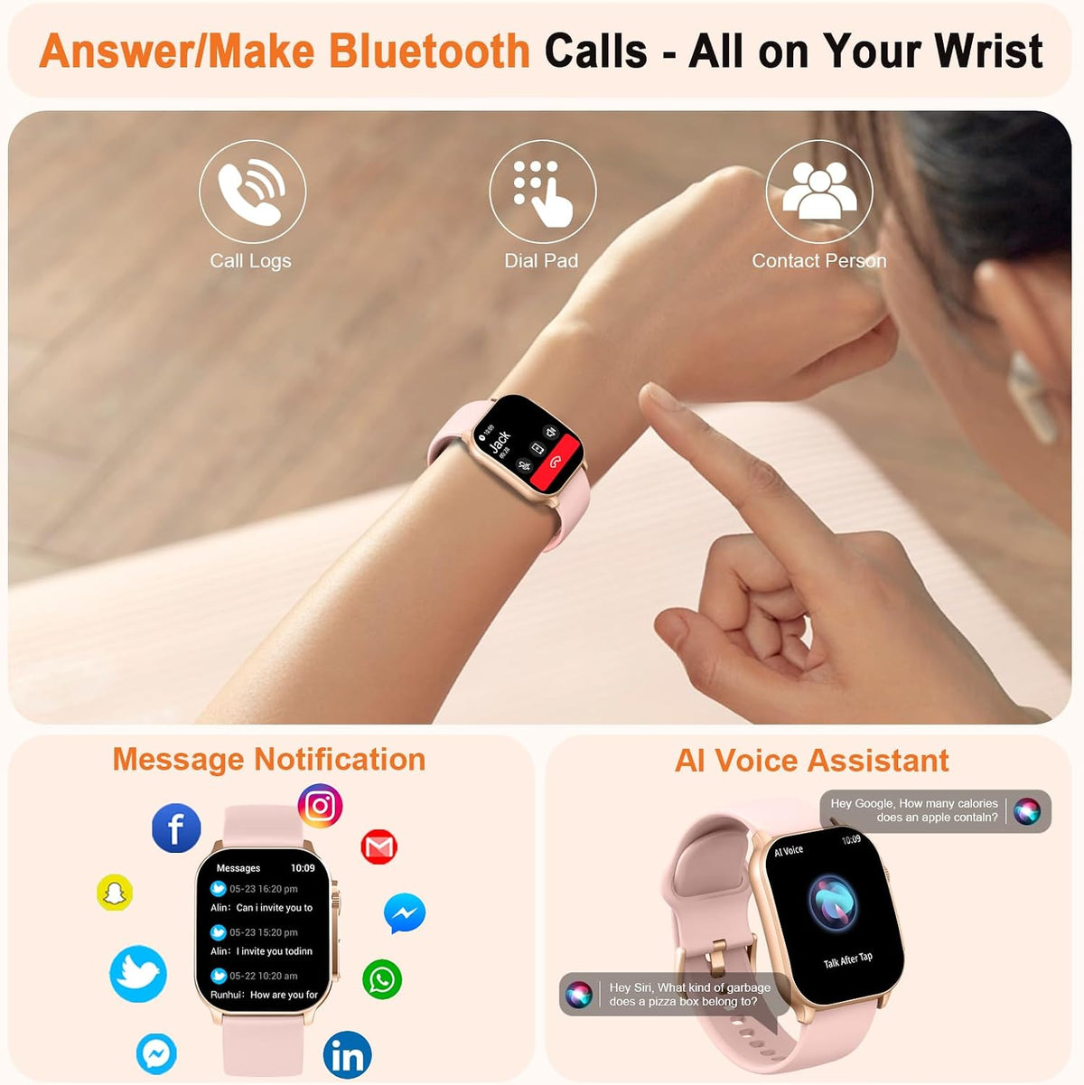 Smart Watch for Women, 2.01" AMOLED Curved Display Fitness Tracker with Answer/Make Calls, 100+ Sport Modes, 24/7 Heart Rate/Sleep Monitor/Pedometer, IP68 Waterproof Smartwatch, for Android Ios Pink
