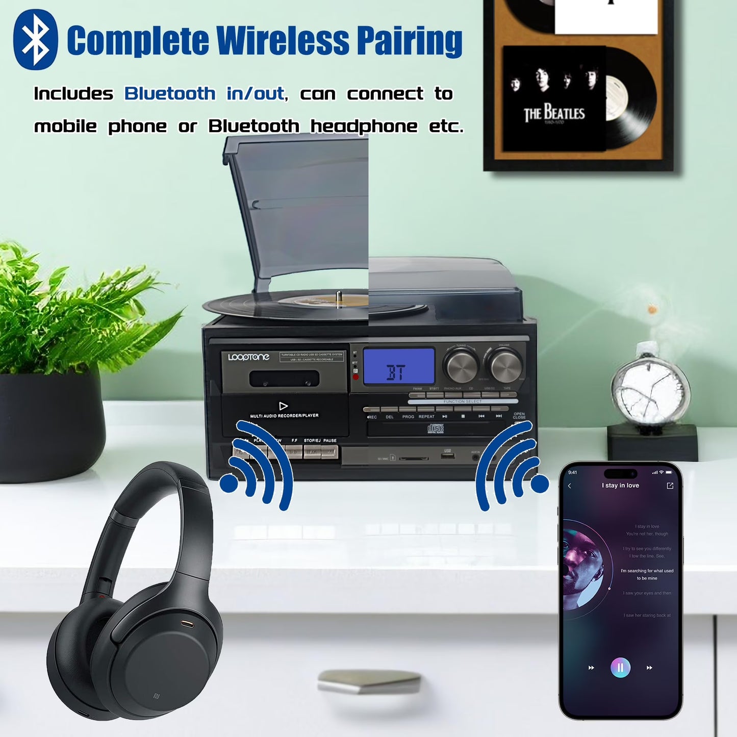 Vinyl Record Player Turntable with Bluetooth, CD, Tape, Radio, USB Recorder, Stereo Home System