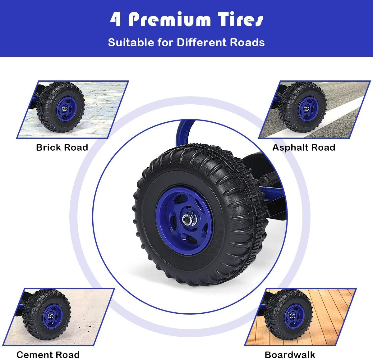 Go Kart for Kids, 4 Wheel Pedal Powered Go Cart with Steering Wheels & Adjustable Seat, Safety Hand Brake, Non-Slip Tires, Outdoor Off-Road Racer Ride on Pedal Car for Boy Girl (Blue)