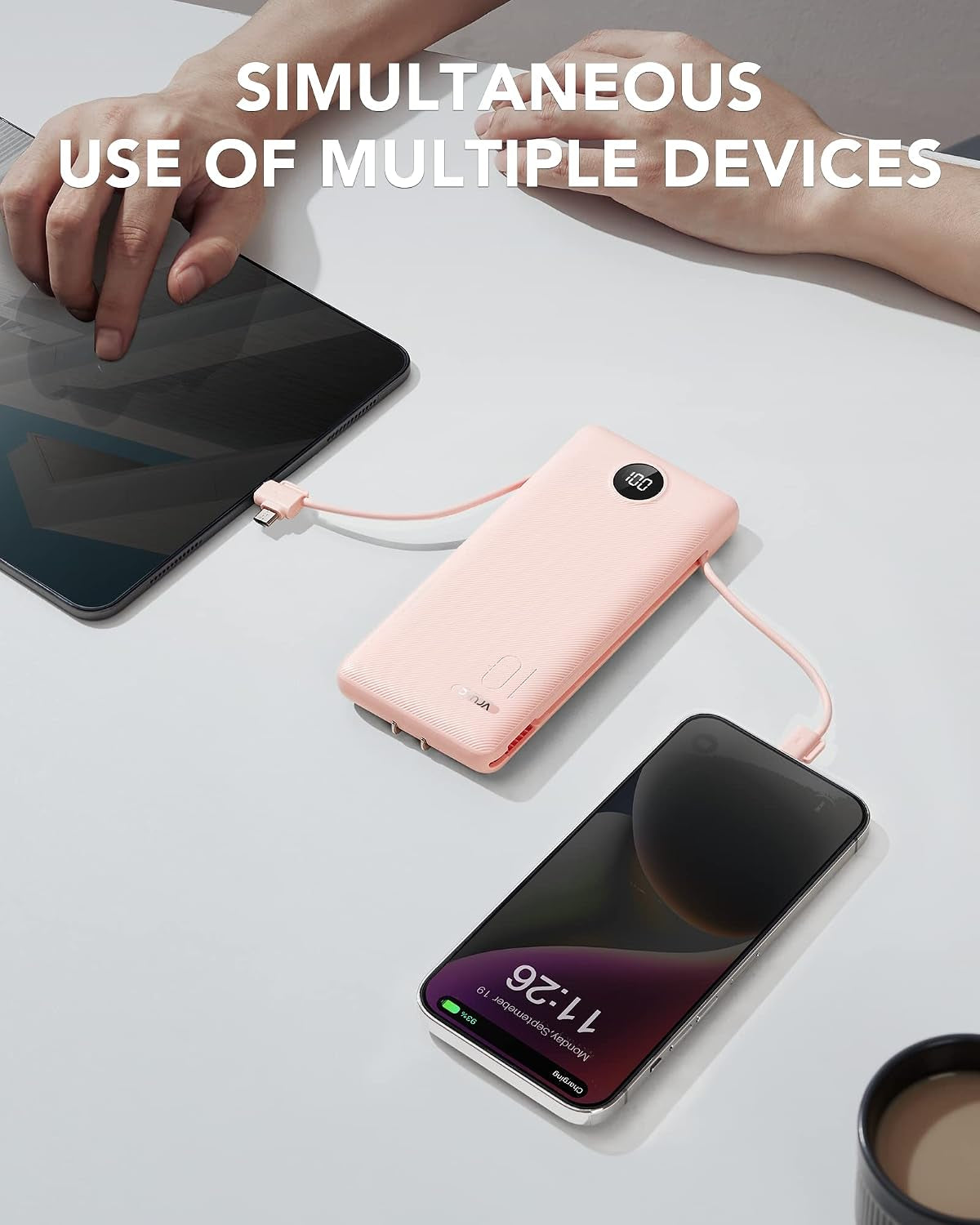 Portable Charger, Power Bank Built-In Cables and AC Wall Plug