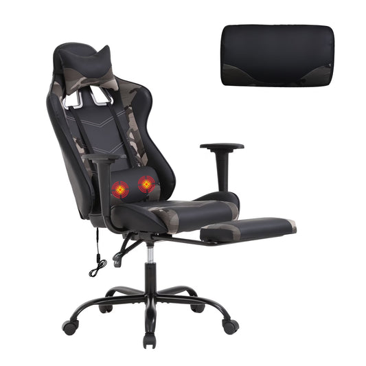 Gaming Chair Racing Office Chair Ergonomic Desk Chair Massage PU Leather Recliner PC Computer Chair with Lumbar Support Headrest Armrest Footrest Rolling Swivel Task Chair for Adults, Camo