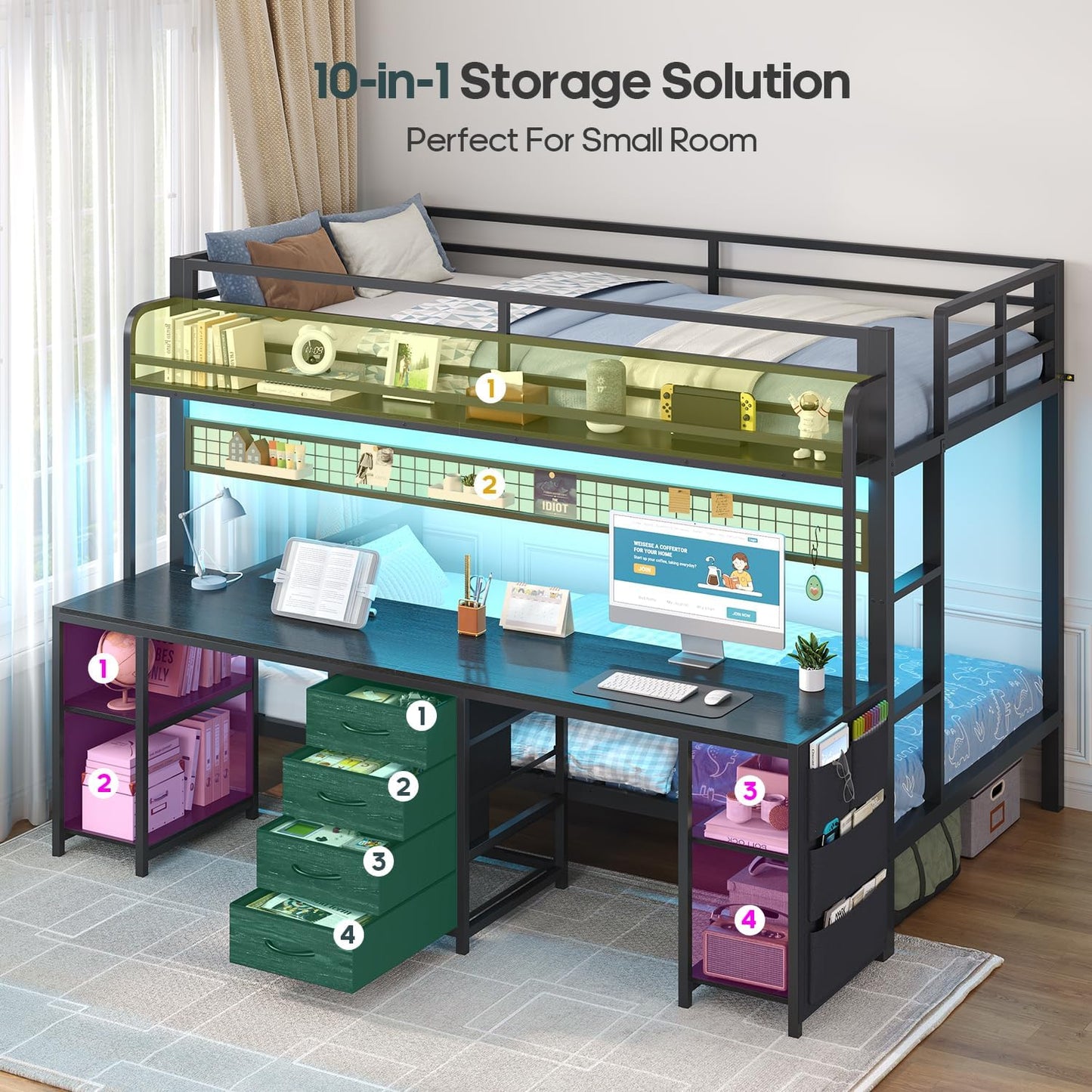 Bunk Bed Twin over Twin with 2 Person Desk, LED Lights, Black | Twin Bunk Bed with 4 Drawers,Storage Rack, 4 Shelves and Power Outles, Safety Guardrail for Kids/Teens Bedroom