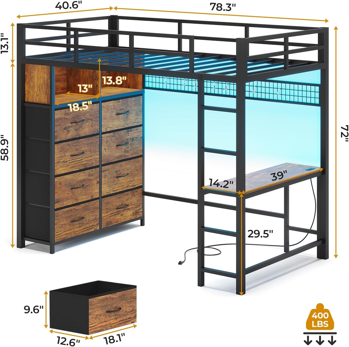 Twin Size Loft Bed with Desk and 8 Storage Drawers, Rustic Brown | LED Metal Kids Loft Bed with Charging Sation, Storage Shelves, 13.1" H Safety Guard & Ladder, No Box Spring Needed