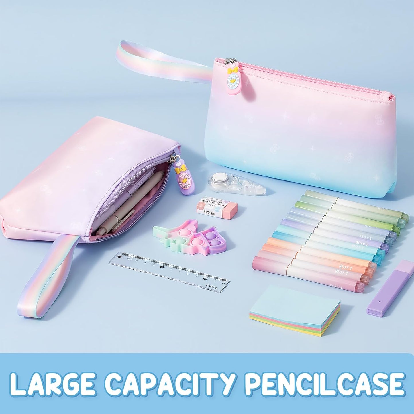 Backpack for Girls, 3 PCS Waterproof Kids Backpack with Lunch Box & Pencil Case, Gradient Backpacks for Teen Girl Kindergarten Elementary Middle High School Student Back to School Bookbag Set