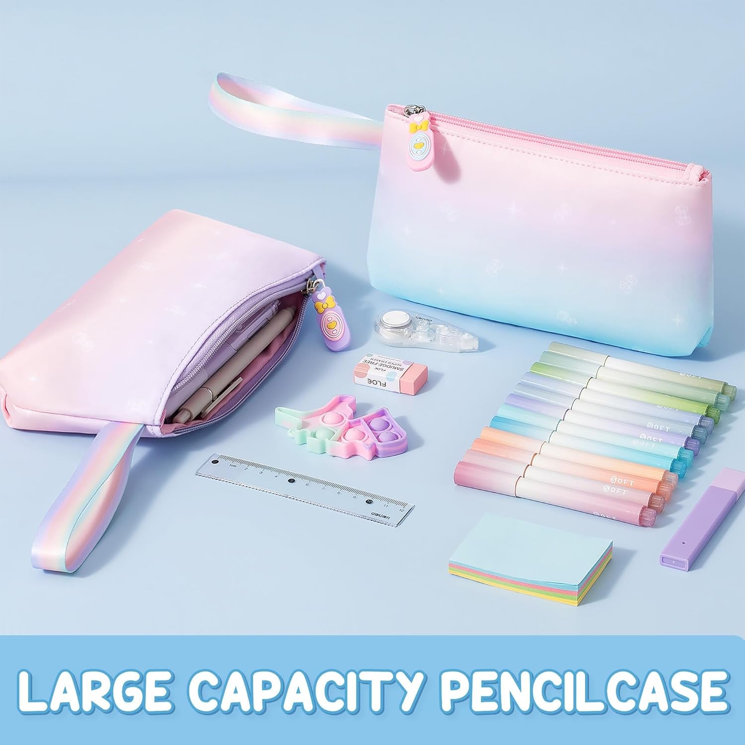 Backpack for Girls, 3 PCS Waterproof Kids Backpack with Lunch Box & Pencil Case, Gradient Backpacks for Teen Girl Kindergarten Elementary Middle High School Student Back to School Bookbag Set