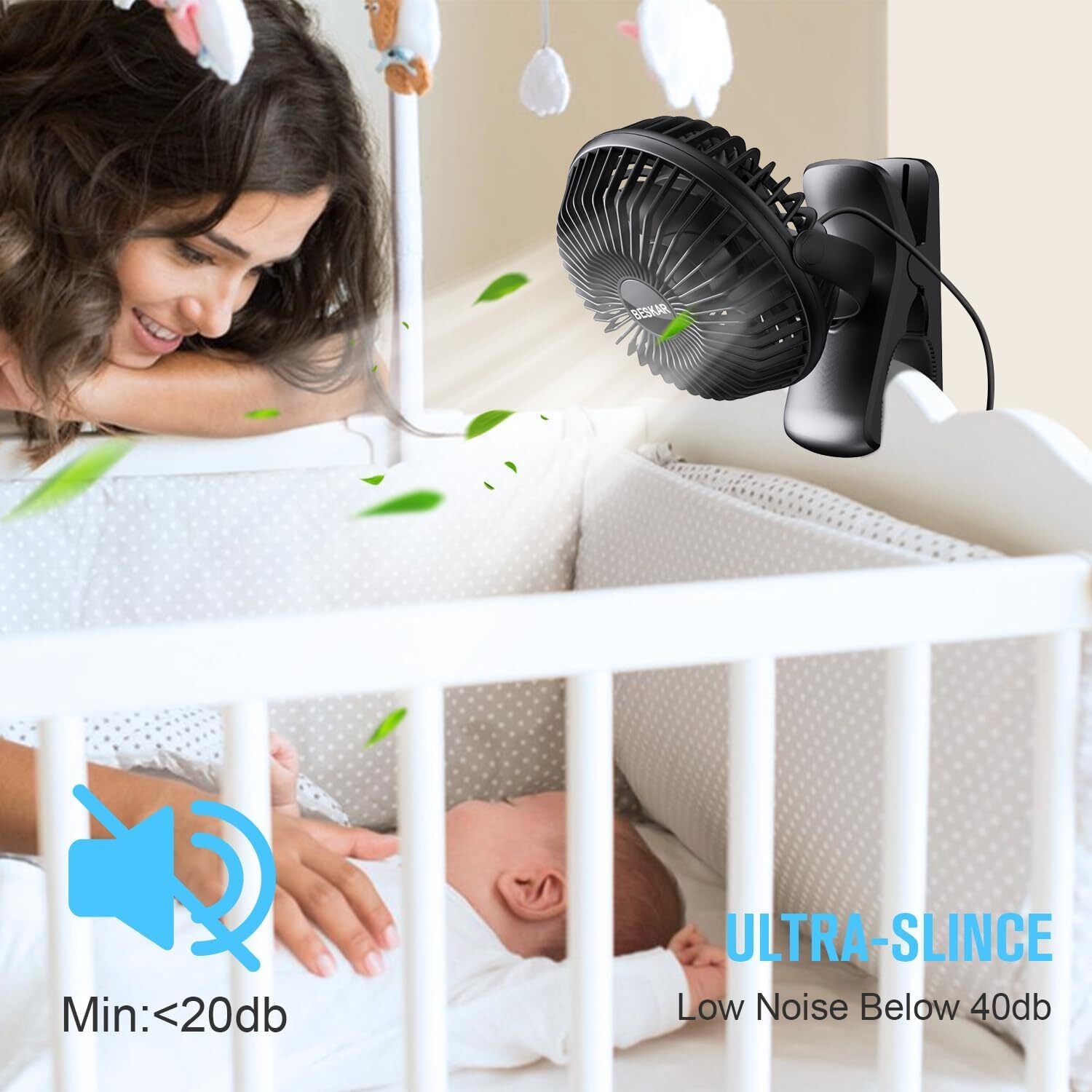 BESKAR Small Clip on Fan, 3 Speeds USB Fan with Strong Airflow, Clip & Desk Fan