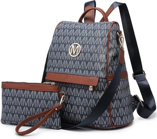 MKP Women Fashion Backpack Purse Multi Pockets Signature Anti-Theft Rucksack Travel Ladies Shoulder Bag Handbag 2Pcs