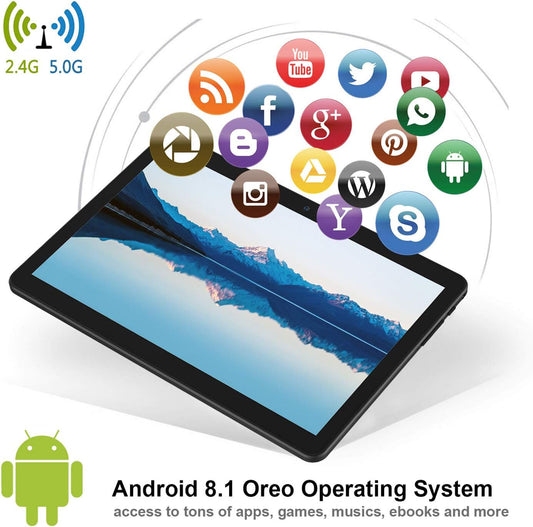 Tablet 10 Inch, 5G Wifi Tablet, Android 8.1 Go, 16GB, Dual Camera, 1280X800 IPS Display, GPS, Bluetooth, GMS Certified PC - Black