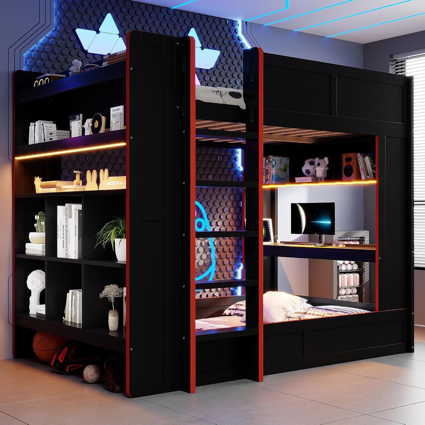 Full Size Wood Gaming Bunk Bed, Gaming Loft Bed with Desk, Storage Shelves, Charging Station, Black