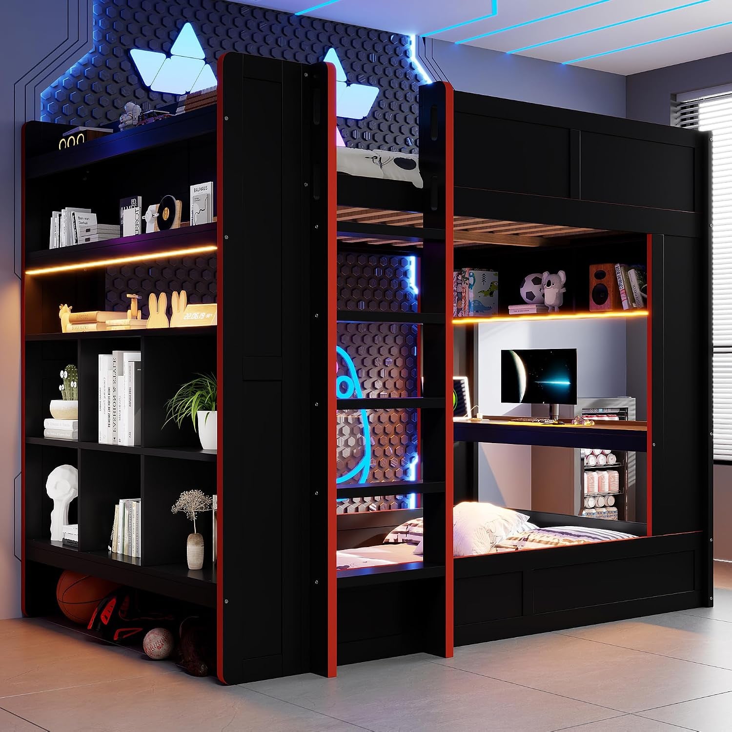 Full Size Wood Gaming Bunk Bed, Gaming Loft Bed with Desk, Storage Shelves, Charging Station, Black