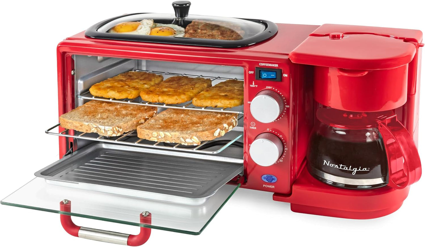 3-In-1 Retro Breakfast Station - Includes 5 (4 Oz) Cup Coffee Maker, Non-Stick Ceramic Griddle, and 4-Slice Toaster Oven - Built-In Timer, Reusable Coffee Filter, Space-Saving Design - Red