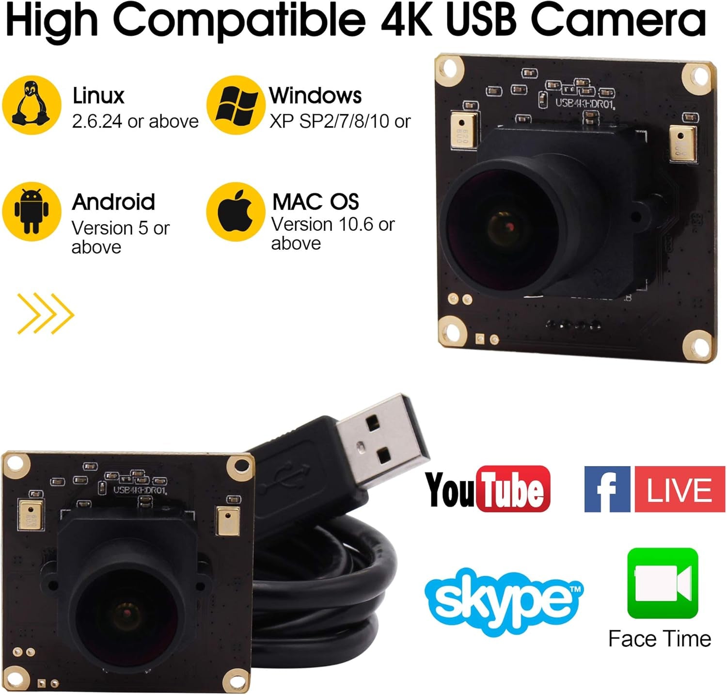 4K USB Camera Module Wide Angle with Microphone 170Degree Fisheye Lens Audio Video Webcam Board for Computer Mini UVC USB2.0 PC Camera Industrial USB with Camera IMX317 Lightburn Camera