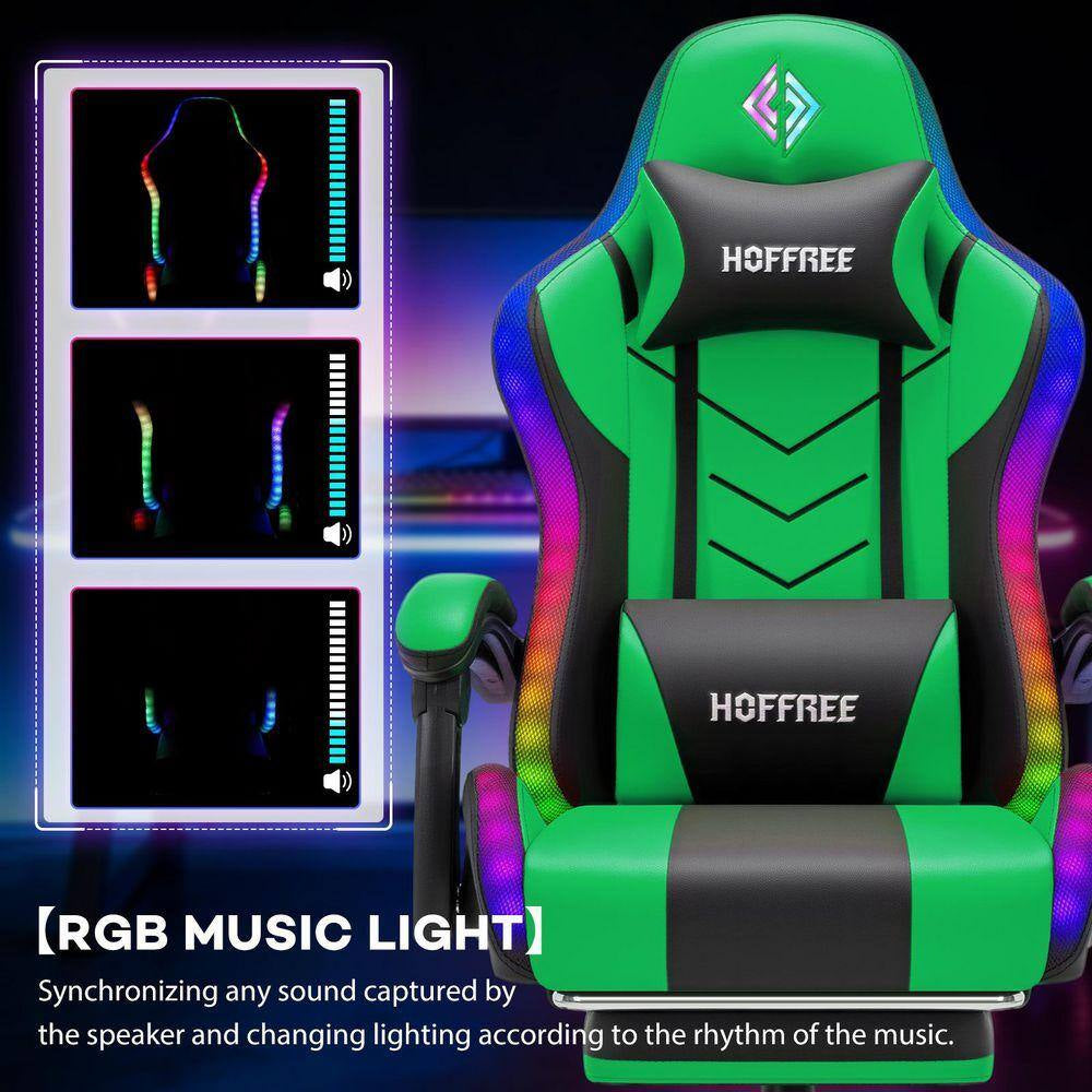 Faux Leather Gaming Chair with Speakers and Massage Ergonomic Music Rhythm LED Lights Game Chair in Green with Footrest