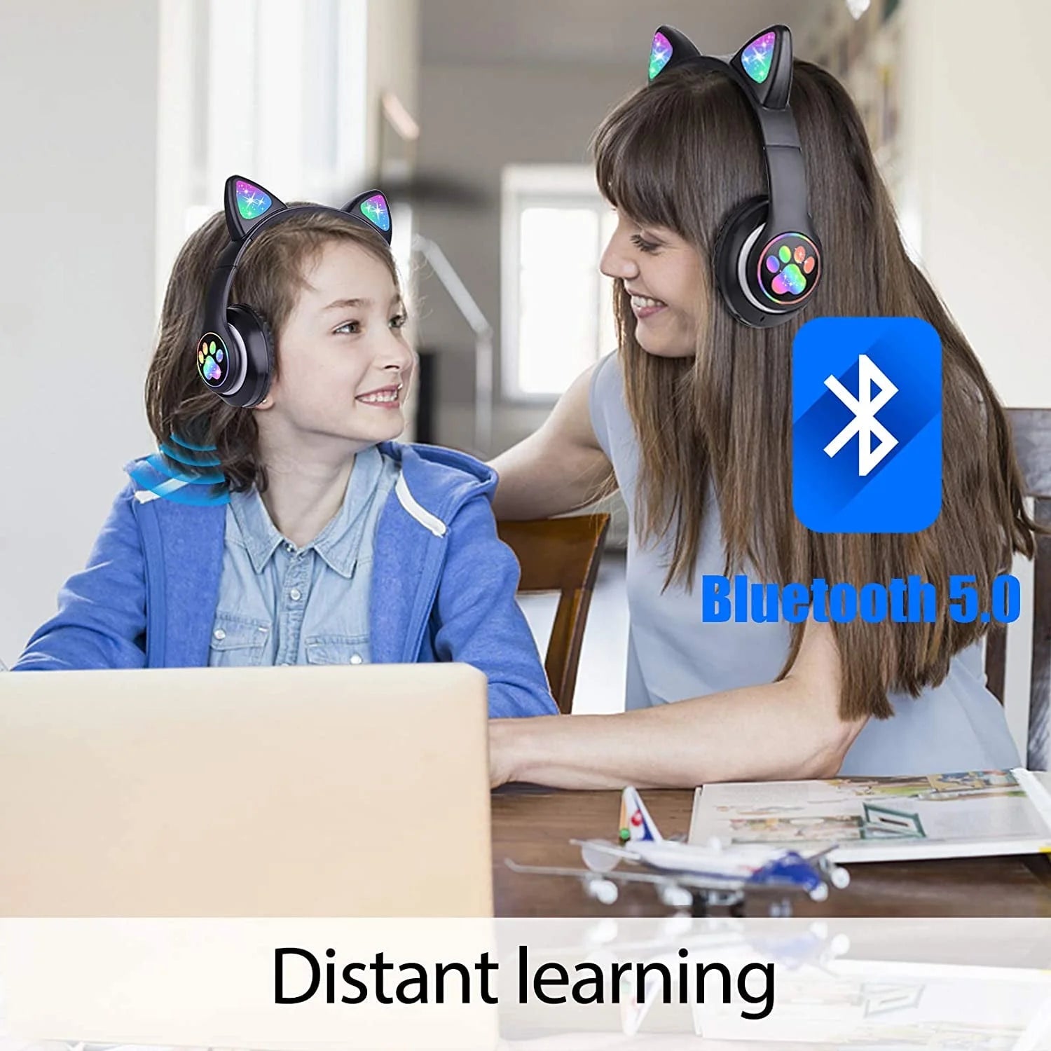 Kids Headphones,  Cat Ear Wireless Headphones, LED Light up Kids Bluetooth Headphones over on Ear Black