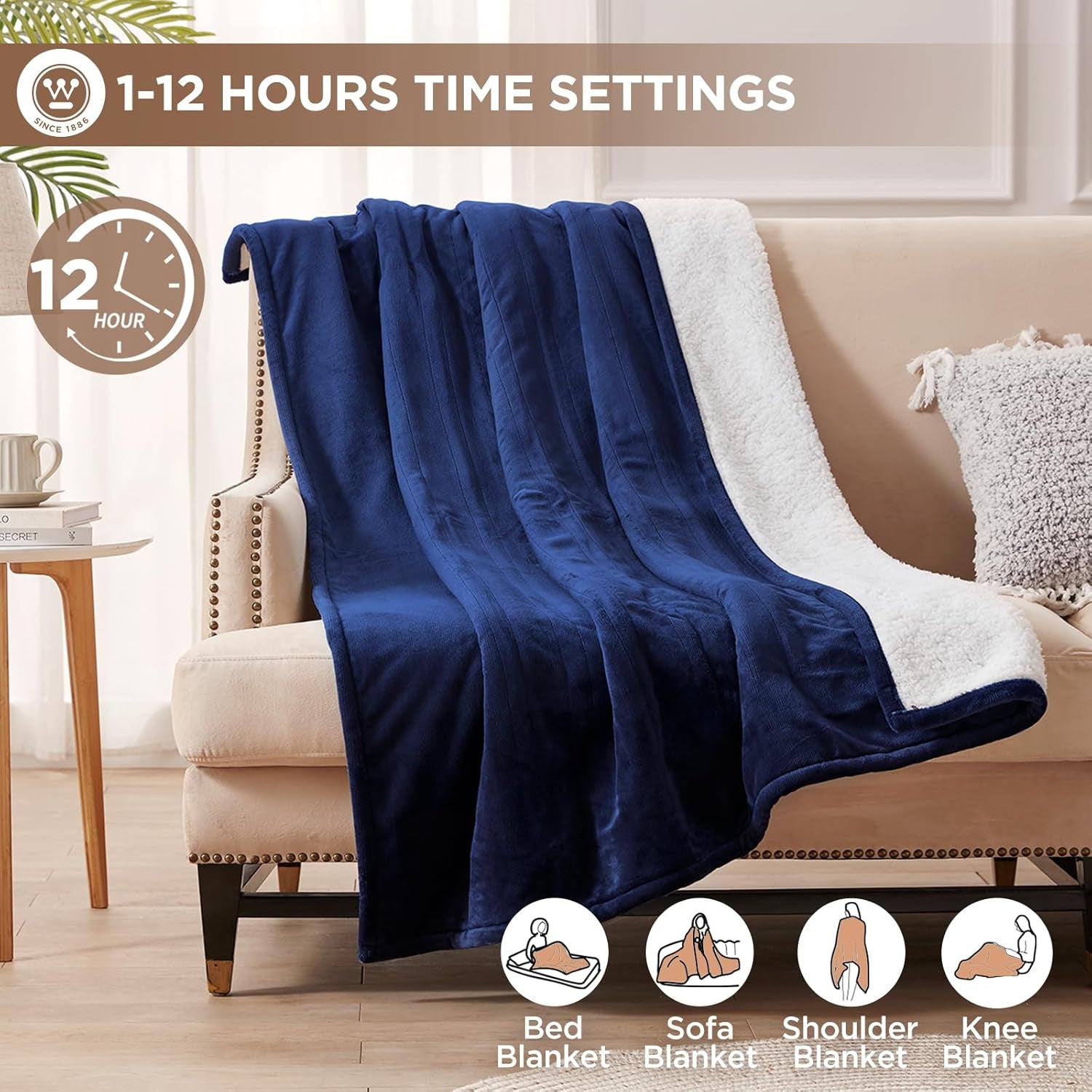 Electric Blanket Heated Throw | 6 Heating Levels & 4 Hours Auto off | Flannel to Sherpa Reversible 50X60 | Machine Washable, Navy Blue