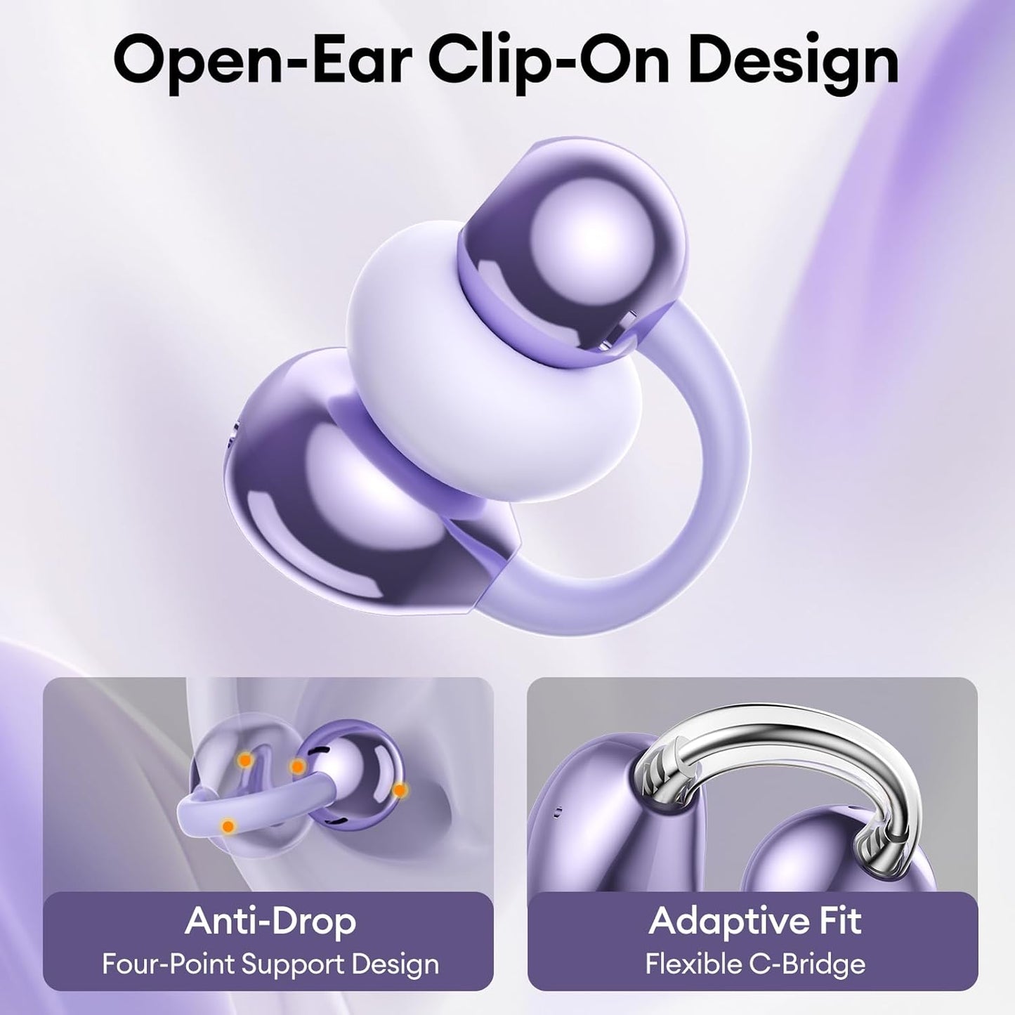 Stylish Open Ear Clip on Earbuds with Removable Butterfly Earring, Clip on Headphones with LCD Touch Screen, Fashionables Open Ear Headphones for Women, Butterfly Earring Purple Earbuds