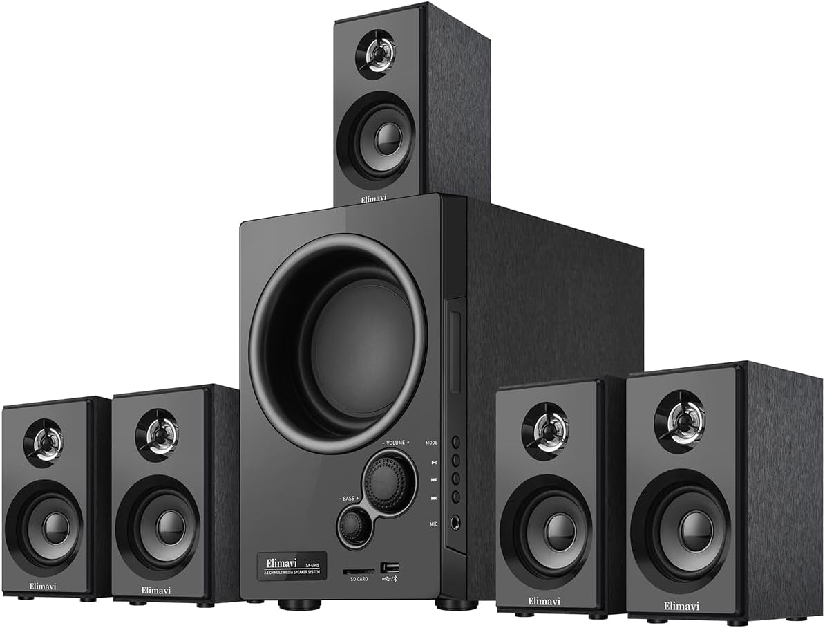 5.1 Home Theater Surround Sound System with 5.5-Inch Subwoofer | 200W Peak Power, Five 2.5-Inch Speakers, MDF Cabinets, USB, RCA, AUX and Wireless Audio Inputs
